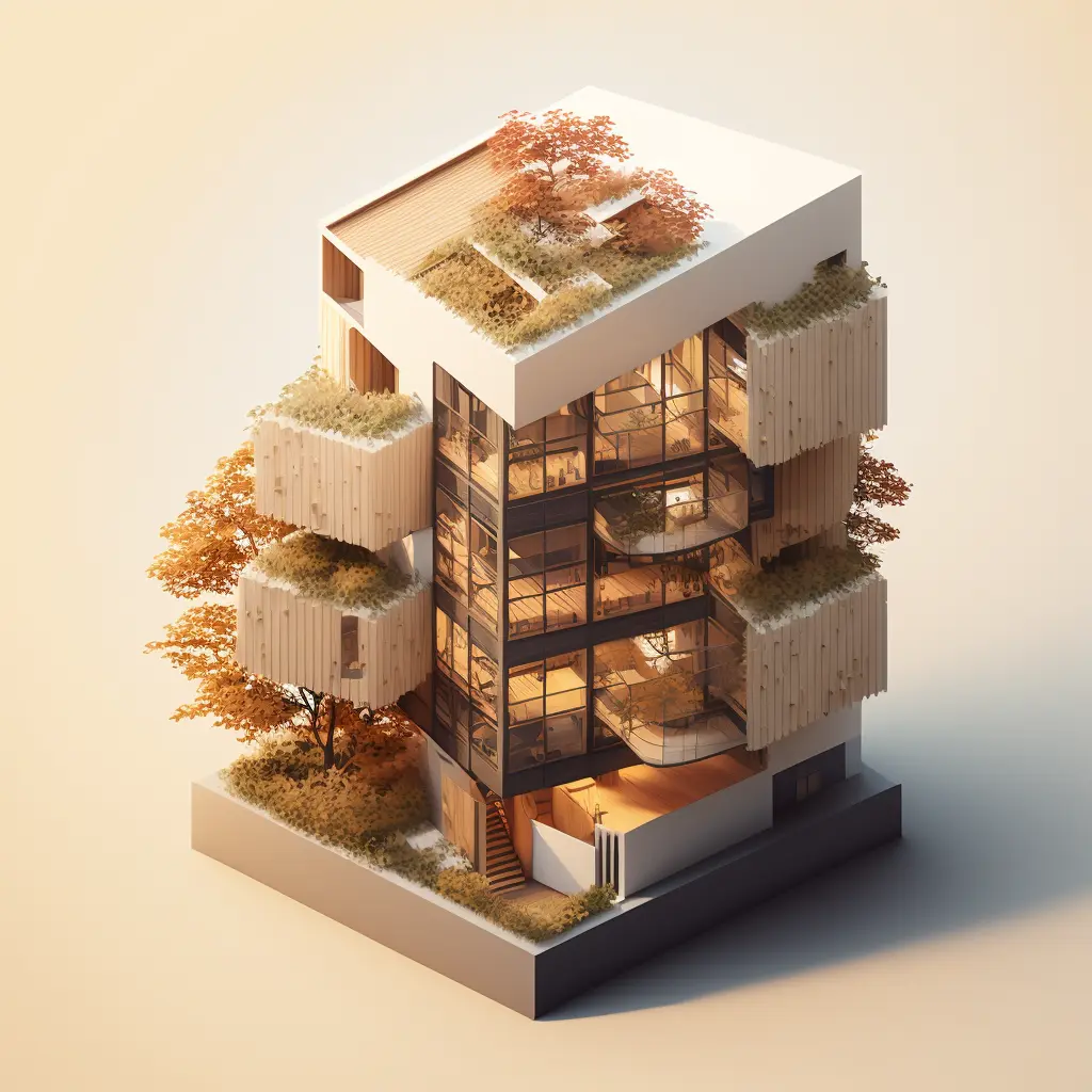 isometric clean art of exterior of condo designed by kengo kuma, blender